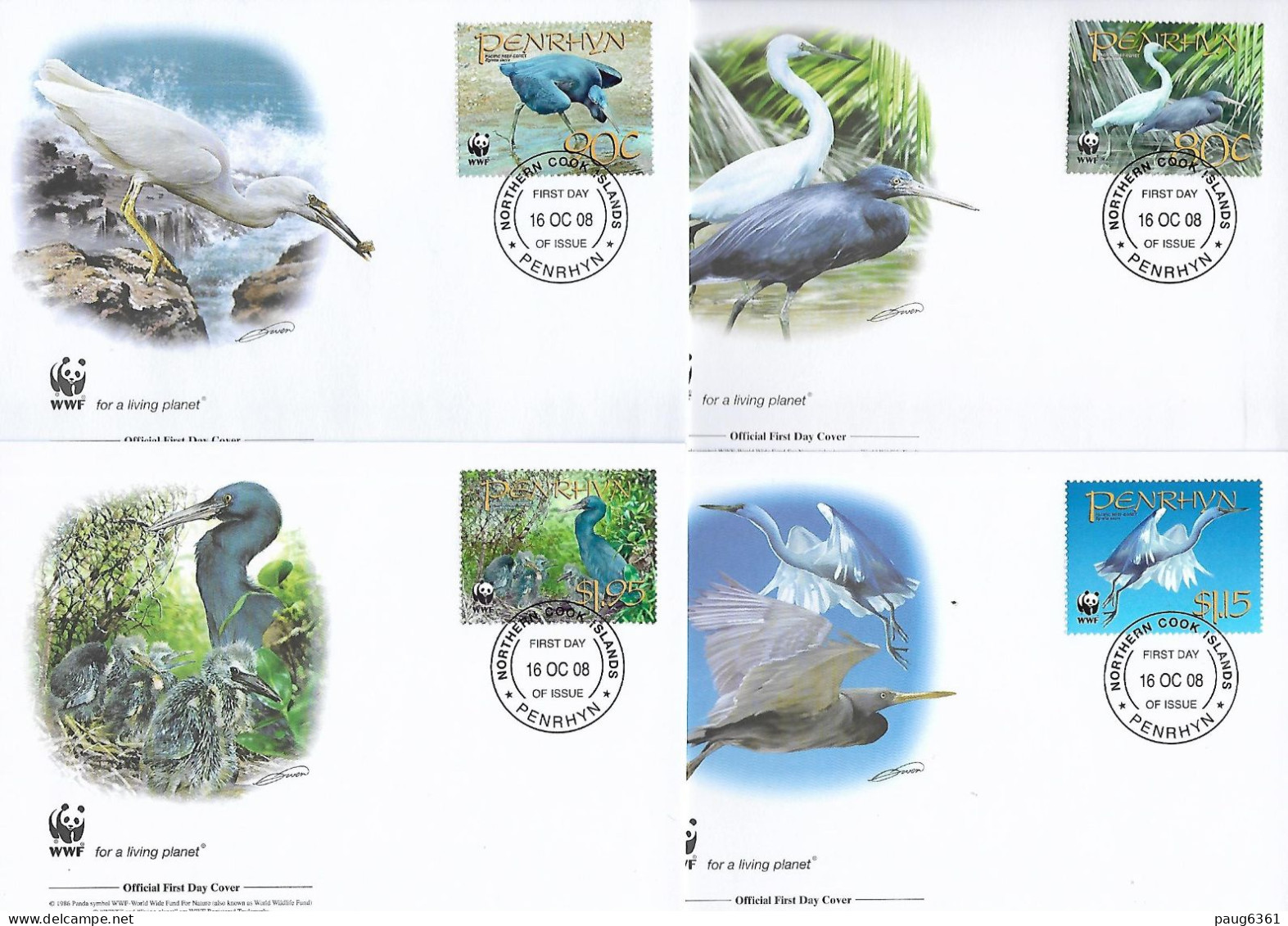 PENRHYN  2008  4 FDC WWF-OISEAUX  YVERT N°454/457 - FDC