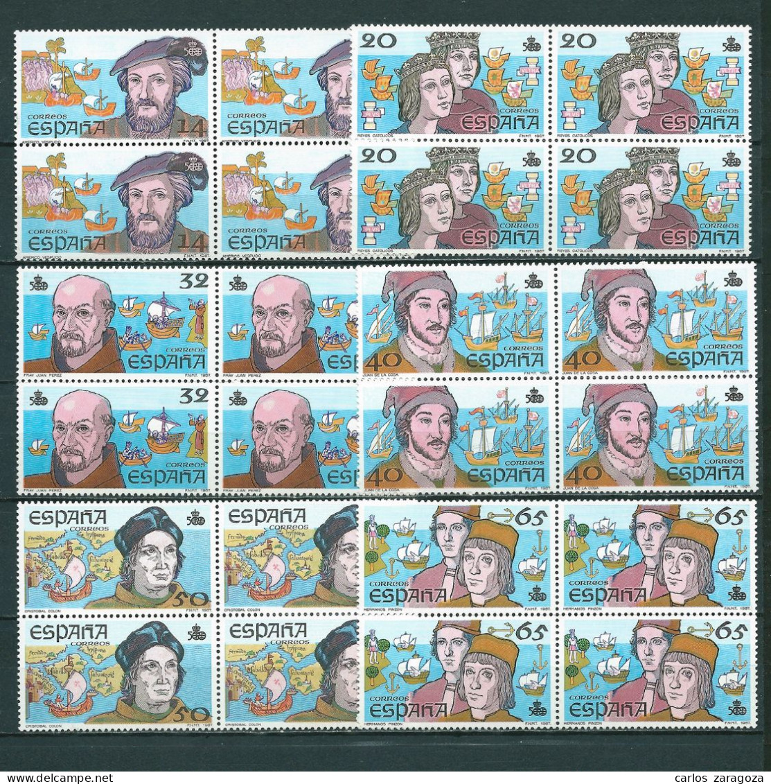 ESPAÑA 1987—Descubrimiento De América ** 2919/2924, YT 2533/2538, Mi 2799/2804. Serie Completa En Bloque - Unused Stamps