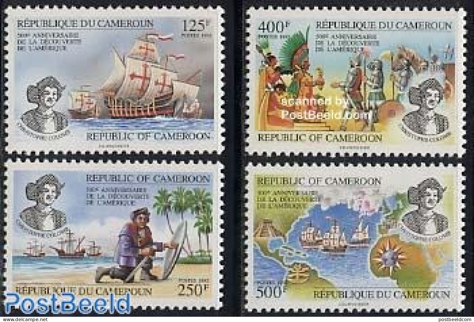 Cameroon 1992 Columbus 4v, Mint NH, History - Transport - Various - Explorers - Ships And Boats - Maps - Onderzoekers