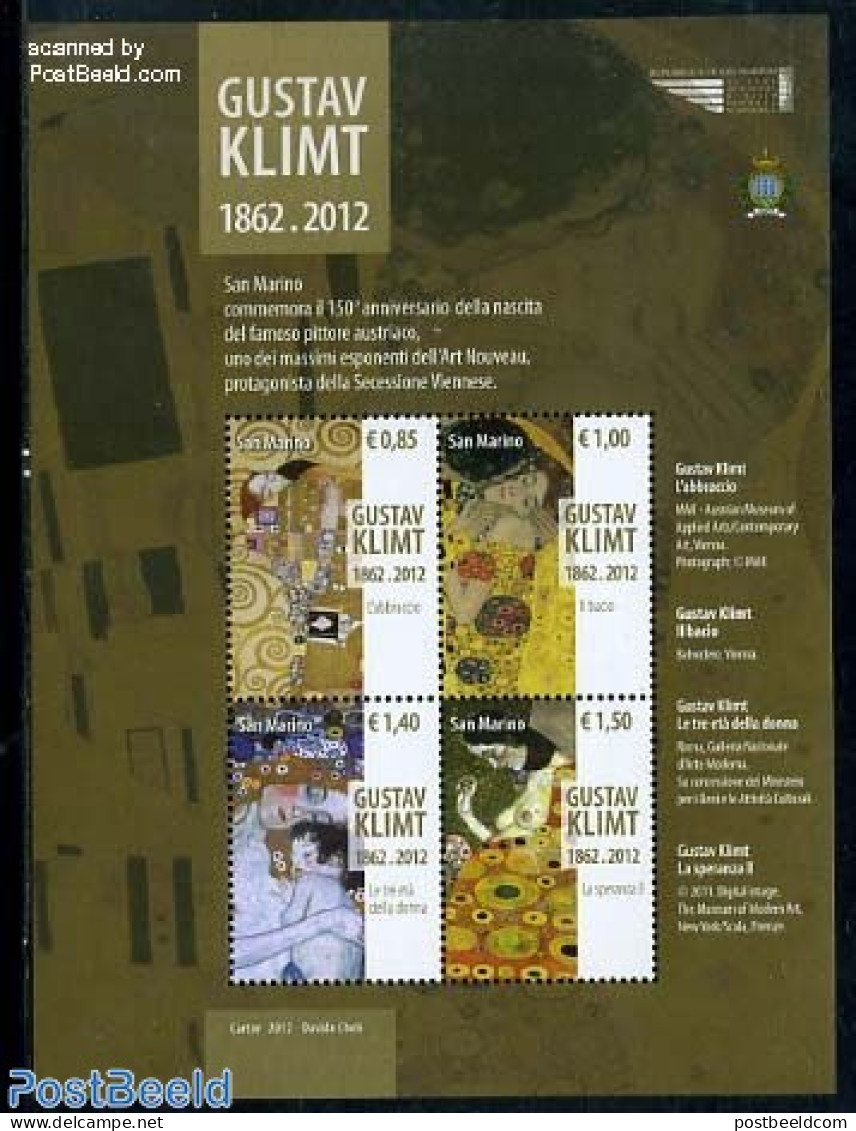 San Marino 2012 Gustav Klimt 4v M/s, Mint NH, Art - Gustav Klimt - Modern Art (1850-present) - Paintings - Neufs