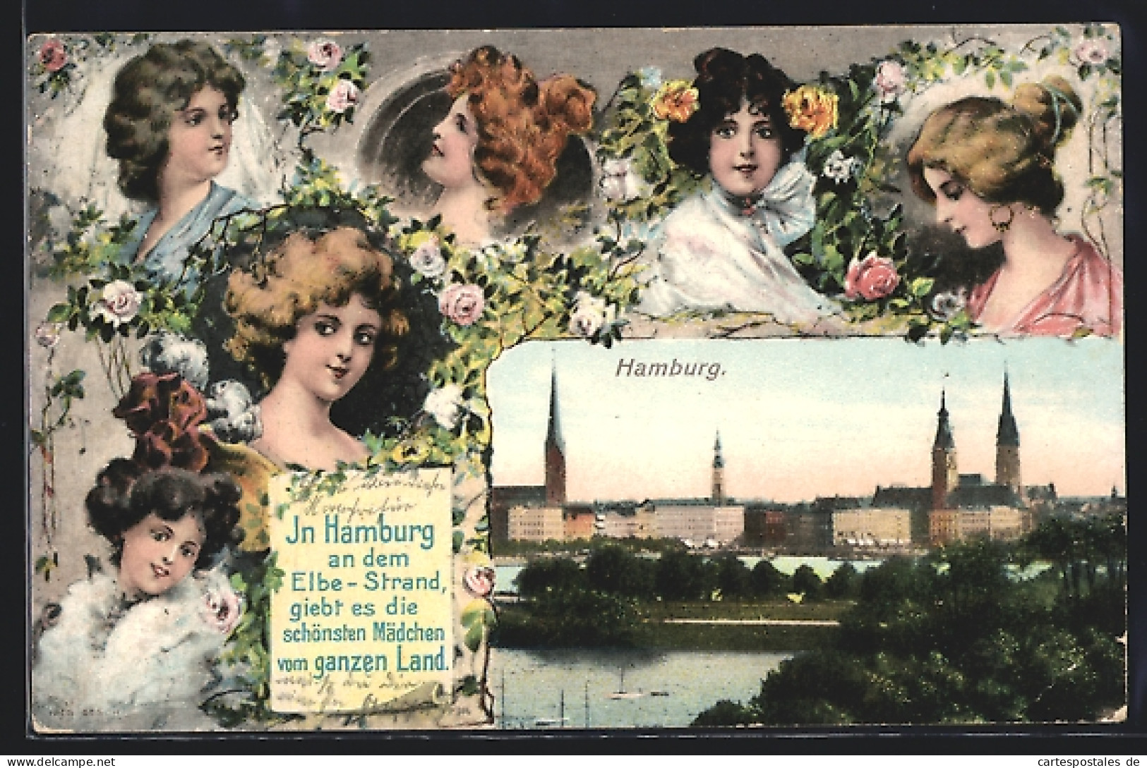 Passepartout-AK Hamburg-Neustadt, Justizgebäude Und Brücke, Schöne Mädchen Vom Elbe-Strand  - Mitte