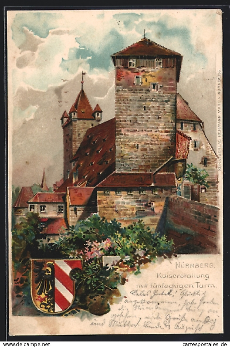 Lithographie Nürnberg, Kaiserstallung Mit Fünfeckigem Turm, Wappen  - Nürnberg