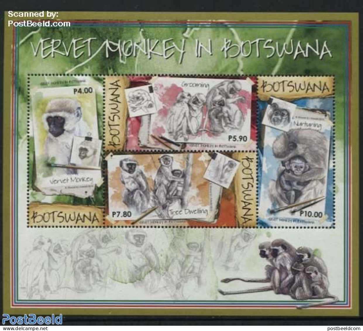 Botswana 2015 Vervet Monkey In Botswana S/s, Mint NH, Nature - Monkeys - Art - Paintings - Botswana (1966-...)