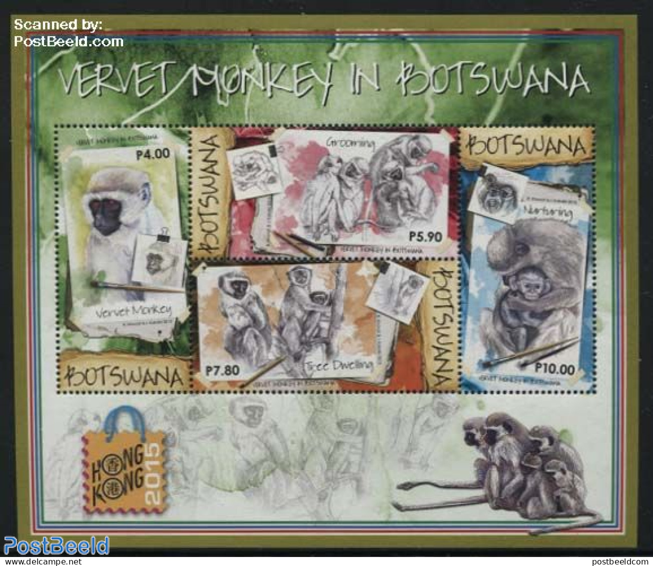 Botswana 2015 Hong Kong, Vervet Monkey In Botswana S/s, Mint NH, Nature - Monkeys - Philately - Art - Paintings - Botswana (1966-...)