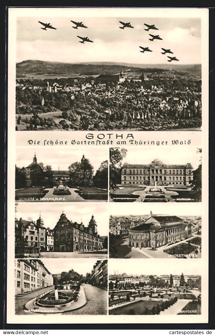 AK Gotha, Ortsansicht, Schloss Und Denkmalplatz, Museum, Landestheater, Wasserkünste Und Orangerie  - Theatre