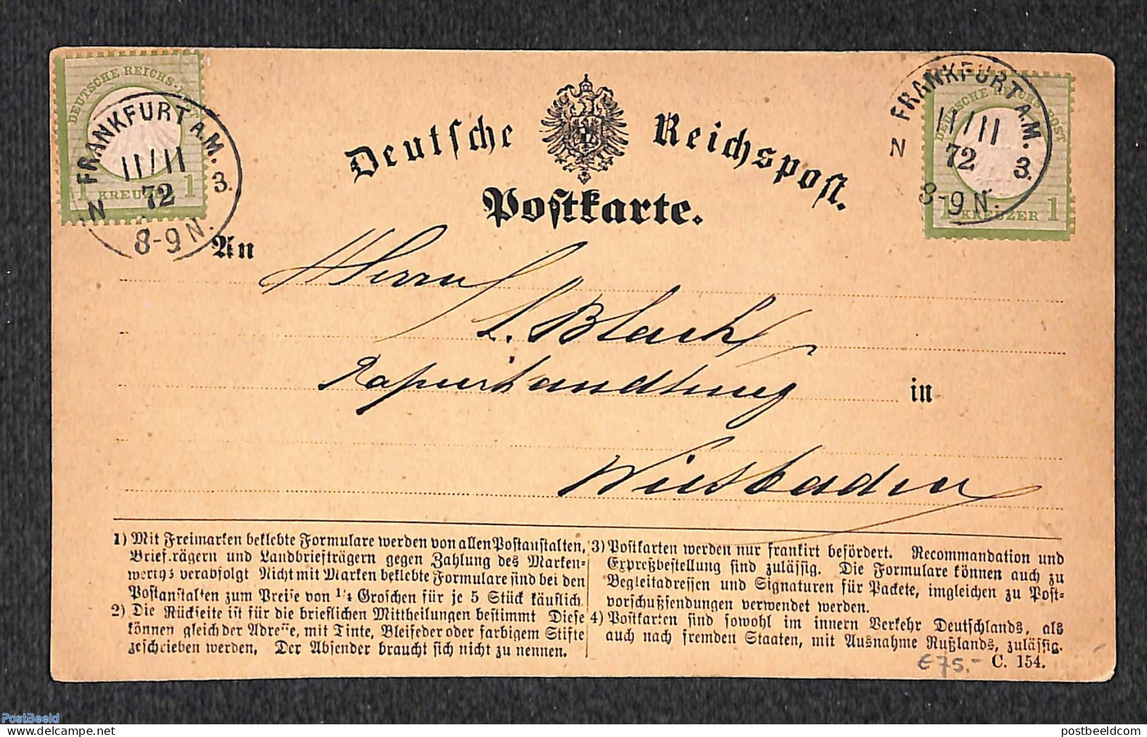 Germany, Empire 1872 Postcard From Frankfurt To Wiesbaden With 2 1Kr Stamps, Postal History - Covers & Documents