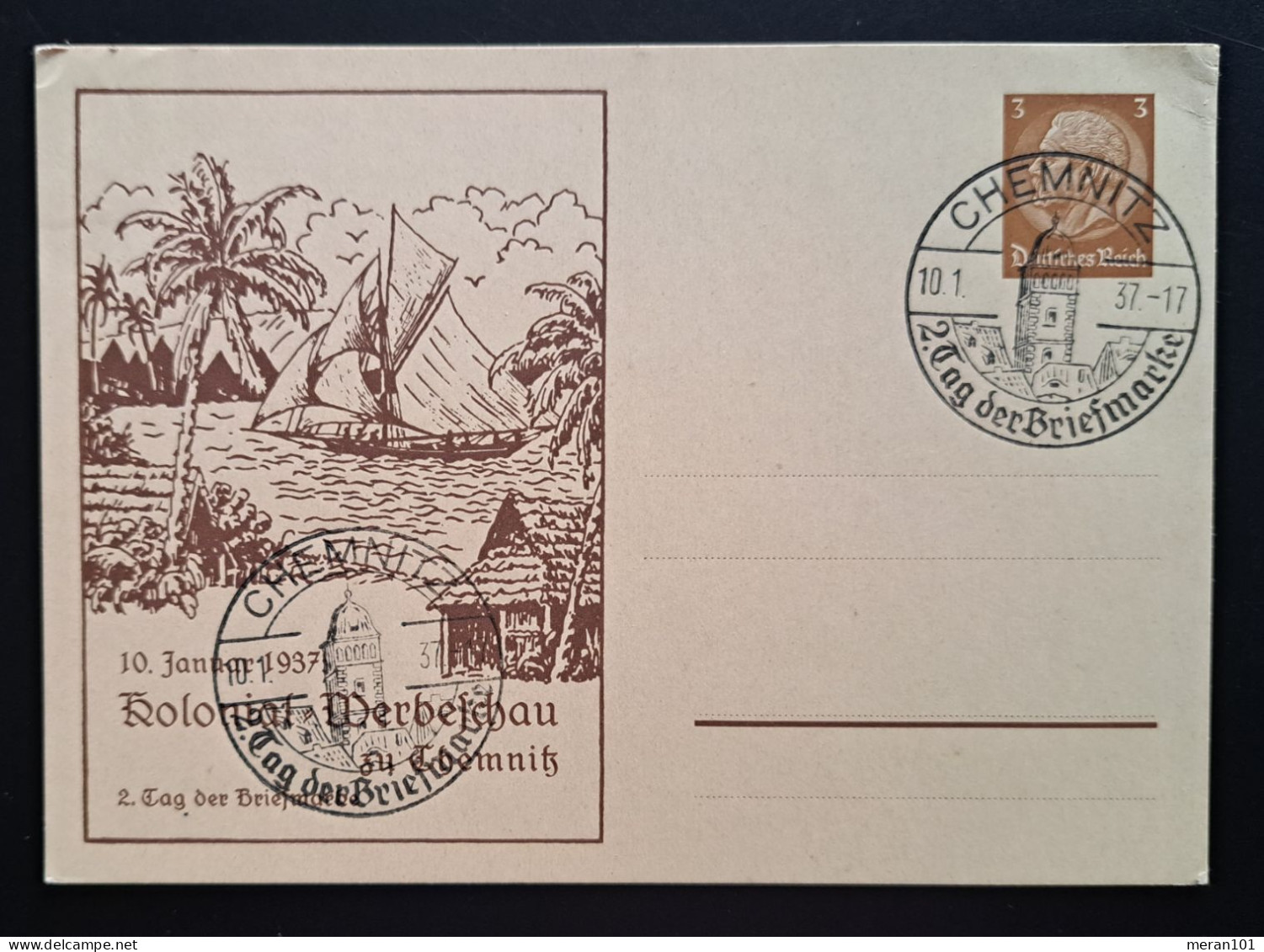 Privatpostkarte PP 122 Kolonial-Werbeschau Chemnitz 1937 - Interi Postali Privati