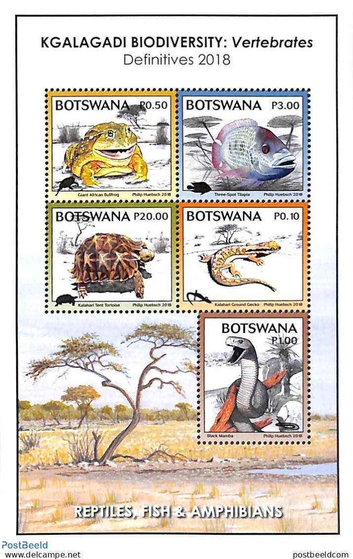 Botswana 2018 Reptiles & Fish 5v M/s, Mint NH, Nature - Fish - Frogs & Toads - Reptiles - Snakes - Turtles - Fishes