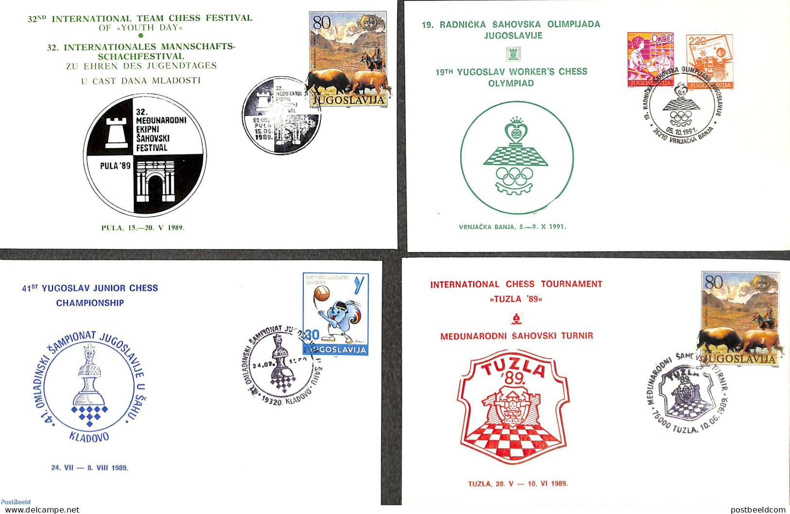 Yugoslavia 1991 Lot Of 4 Cards With Special Chess Cancellations, Postal History, Sport - Chess - Lettres & Documents