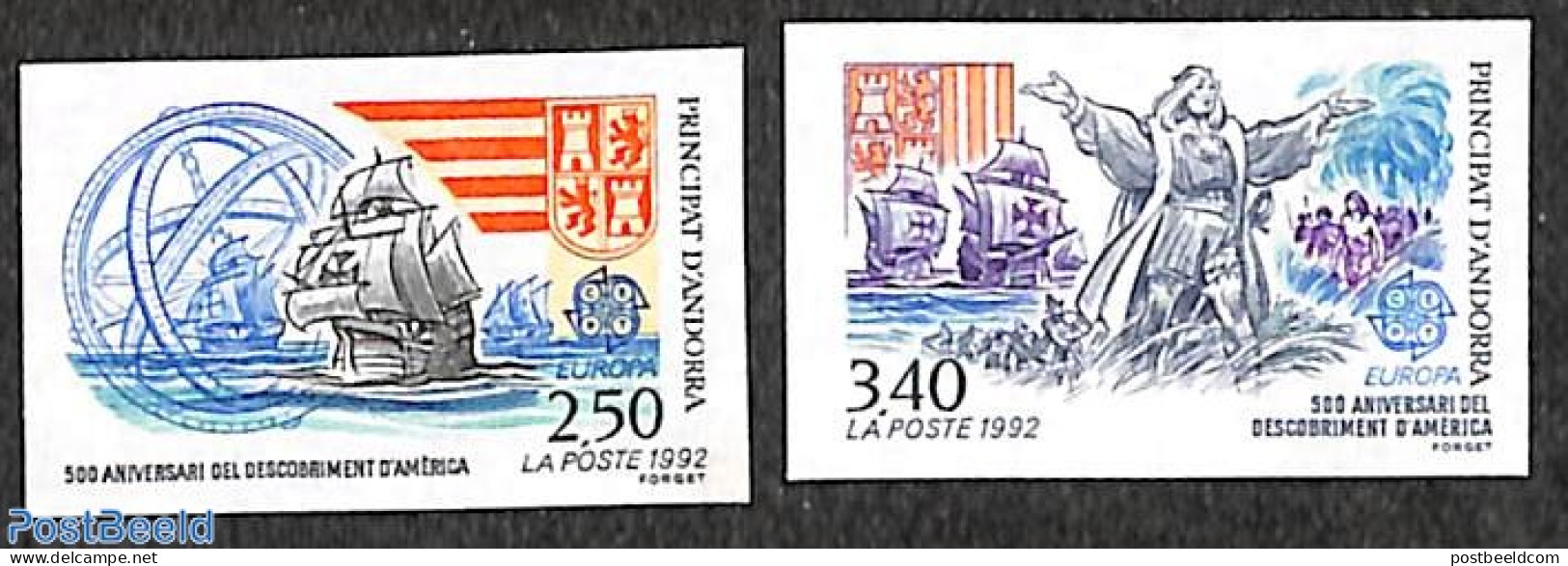 Andorra, French Post 1992 Europa 2v, Imperforated, Mint NH, History - Transport - Europa (cept) - Explorers - Ships An.. - Ongebruikt