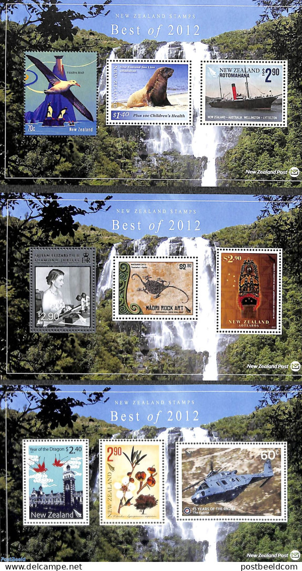 New Zealand 2013 Best Of 2012, 3 S/s, Mint NH, History - Nature - Transport - Kings & Queens (Royalty) - Birds - Flowe.. - Nuovi