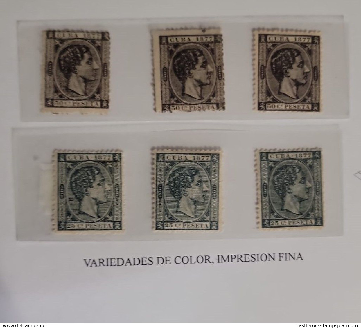 O) 1877 CUBA, KING ALFONSO XII, 50c Black, ALFONSO XII 25c  Green, VARIETY OF COLOR FINE PRINTING. EXCELLENT CONDITION - Otros & Sin Clasificación