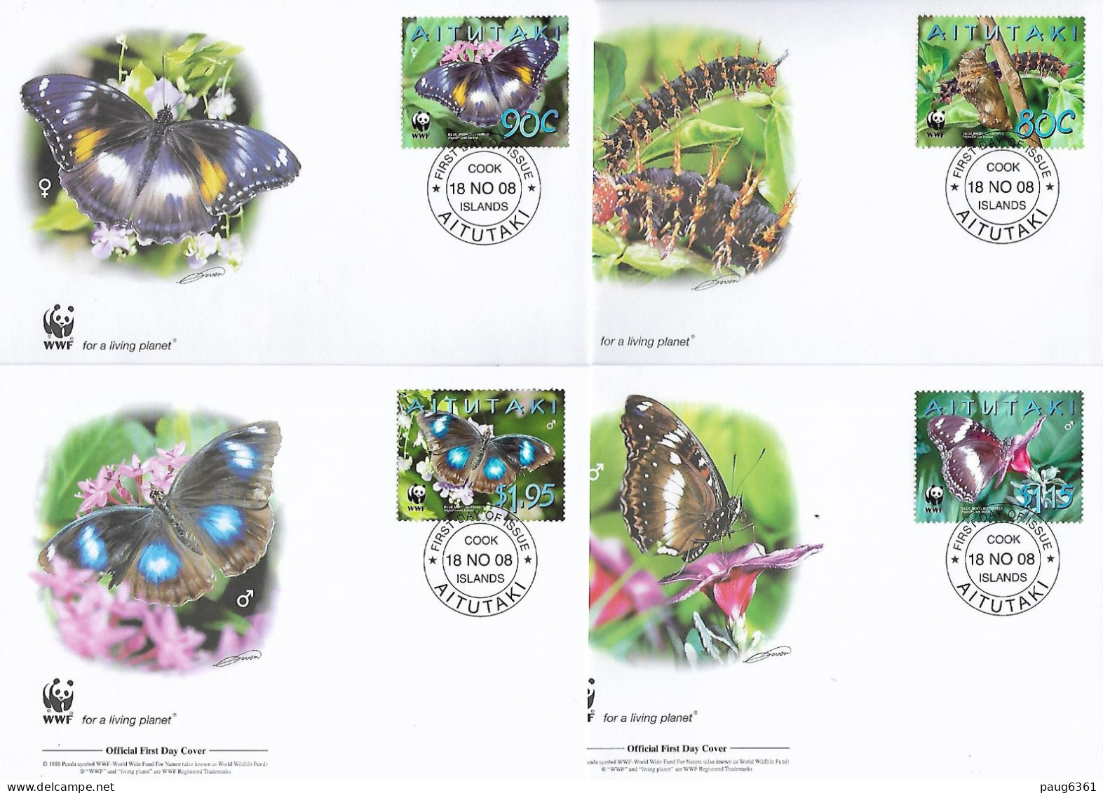 AITUTAKI  2008  4 FDC WWF-PAPILLONS YVERT N°595/598 - FDC