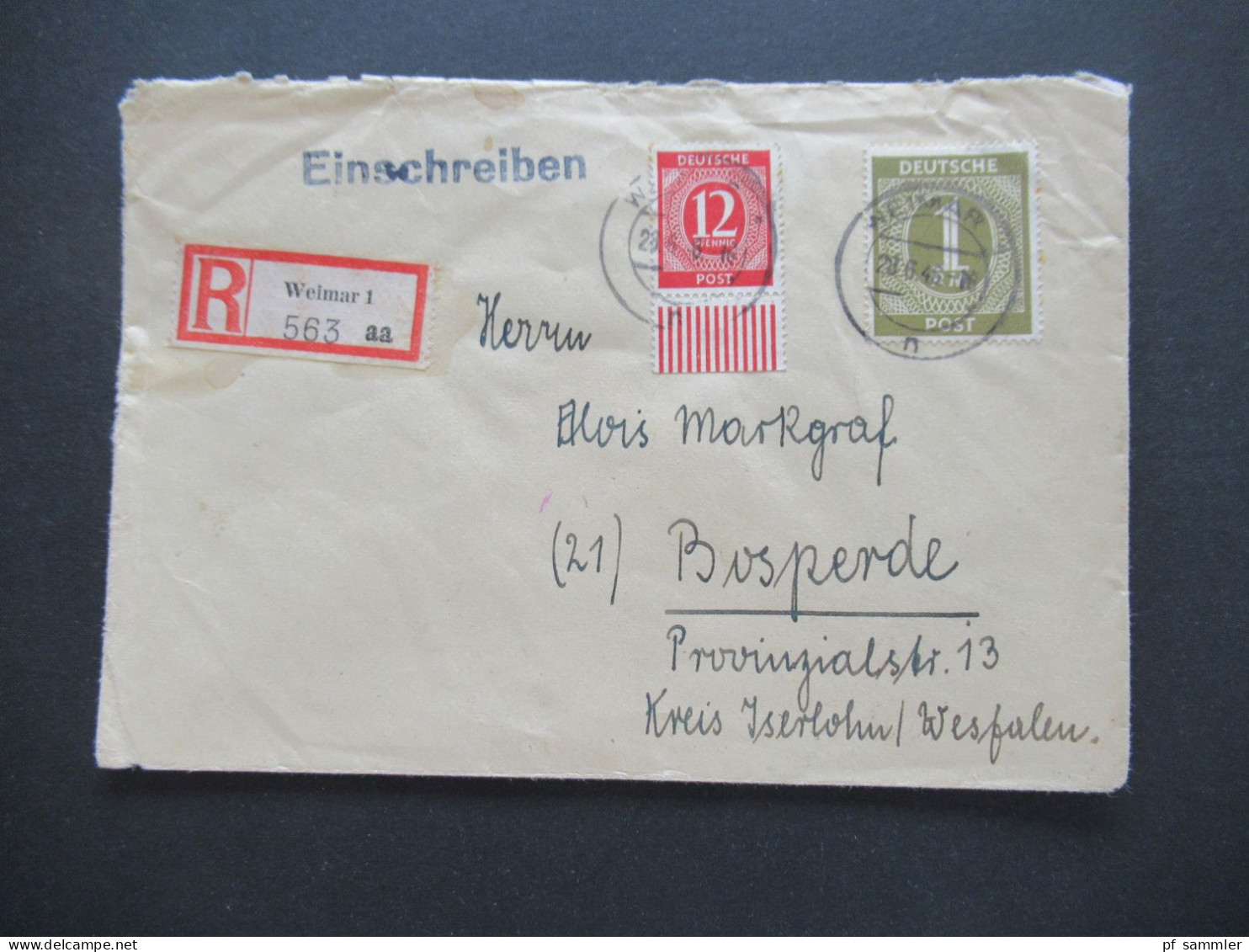 Kontrollrat 1 RM Mi. Nr.937 MiF Mit Nr.919 Einschreiben Weimar 1 Nach Bösperde In Westfalen / Verwendet In Der SBZ - Covers & Documents