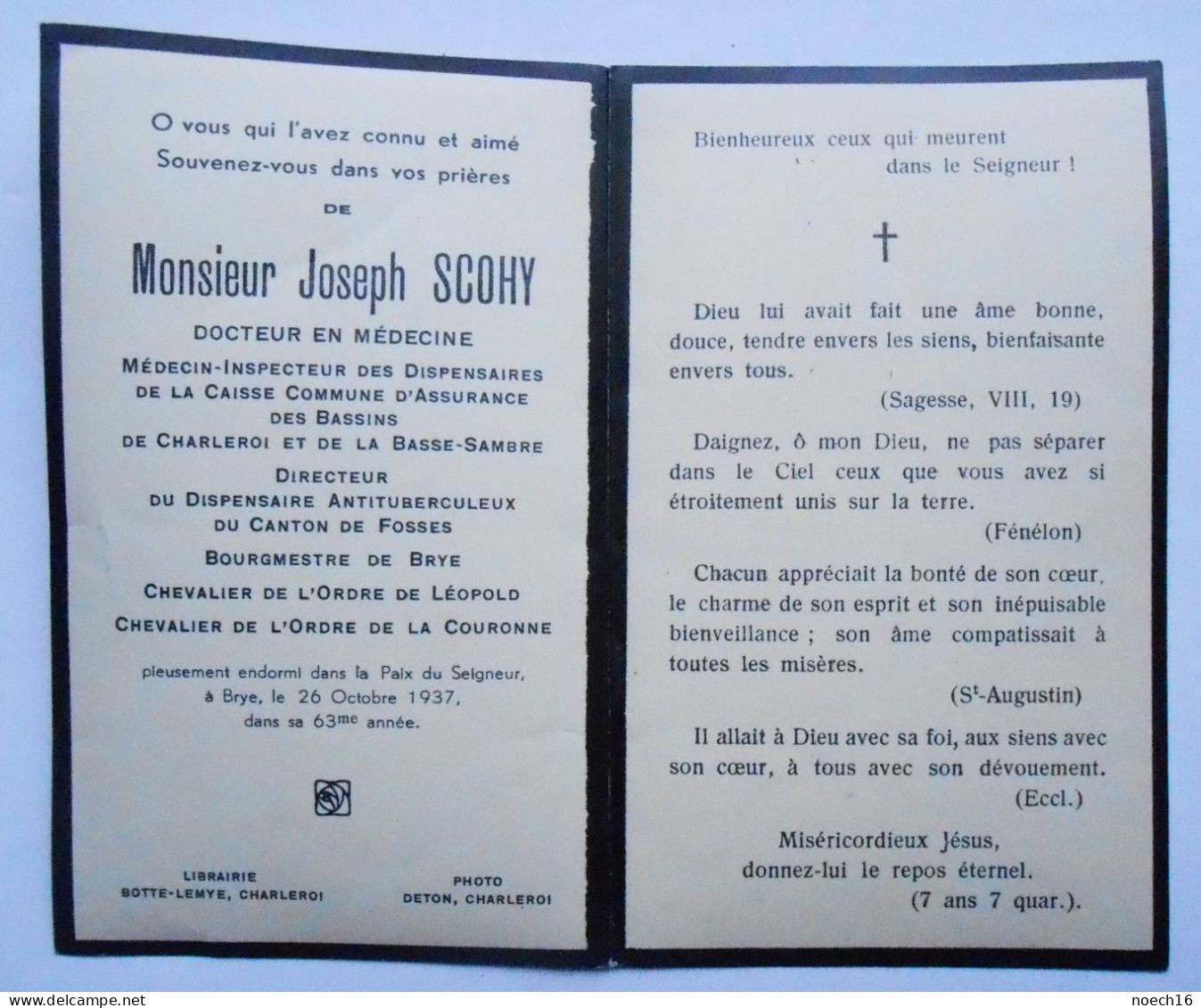 Mortuaire Joseph Scohy. Brye 1937. Bourgmestre De Brye, Directeur Du Dispensaire Antituberculeux Du Canton De Fosses - Andachtsbilder