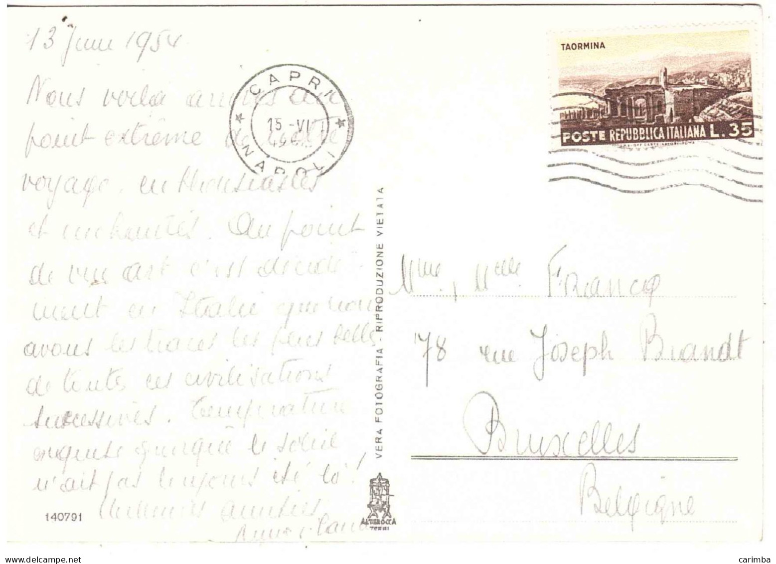 1953 L.35 TURISMO TAORMINA CARTOLINA CAPRI PER BELGIO - 1946-60: Storia Postale