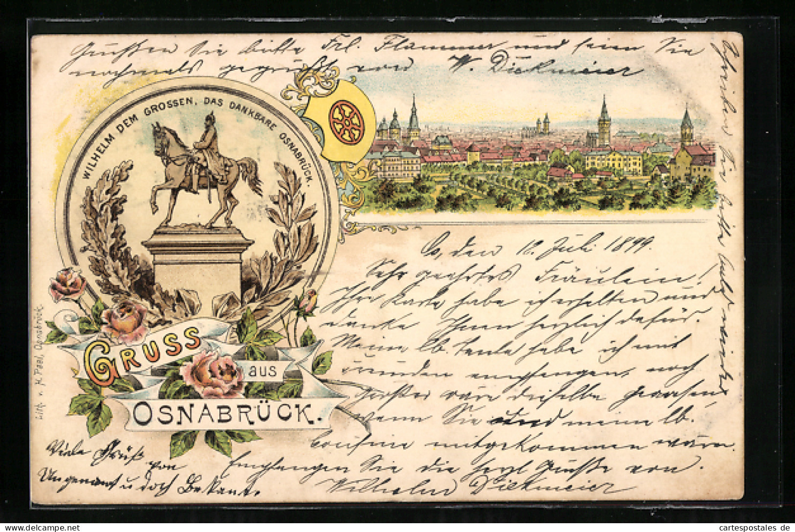 Lithographie Osnabrück, Gesamtansicht, Wappen, Denkmal Wilhelm D. Grosse  - Osnabrück