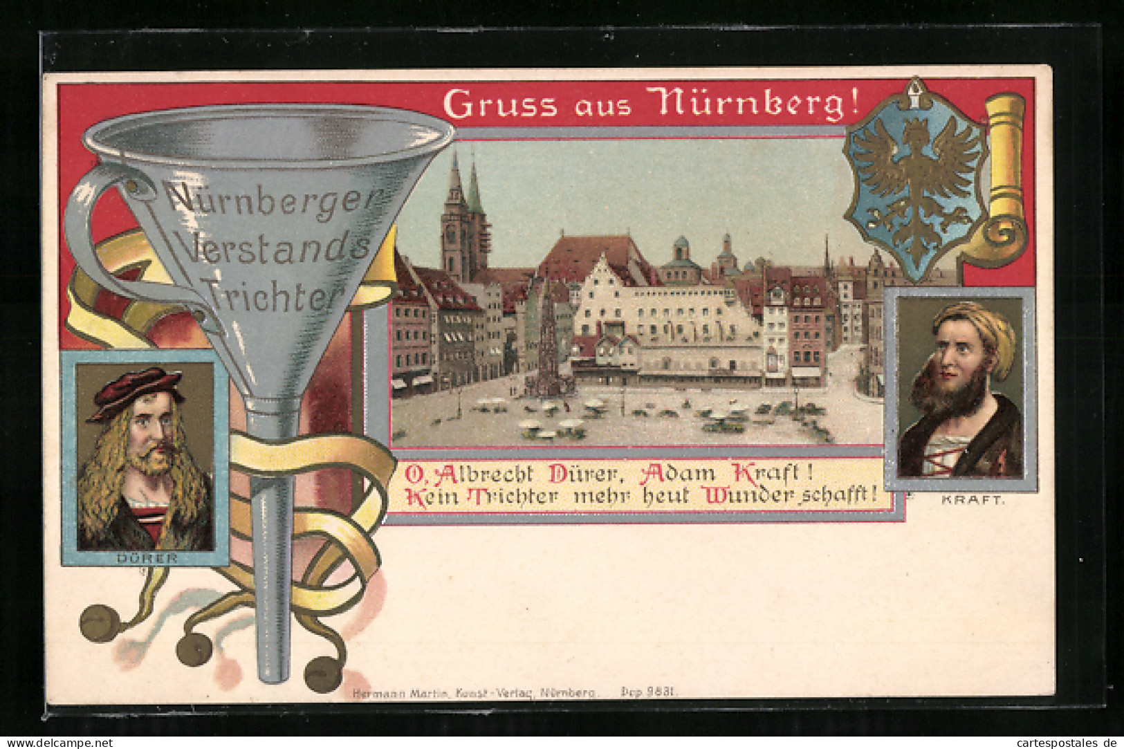 Lithographie Nürnberg, Stadtansicht, Portraits Albrecht Dürer, Adam Kraft, Wappen  - Nuernberg