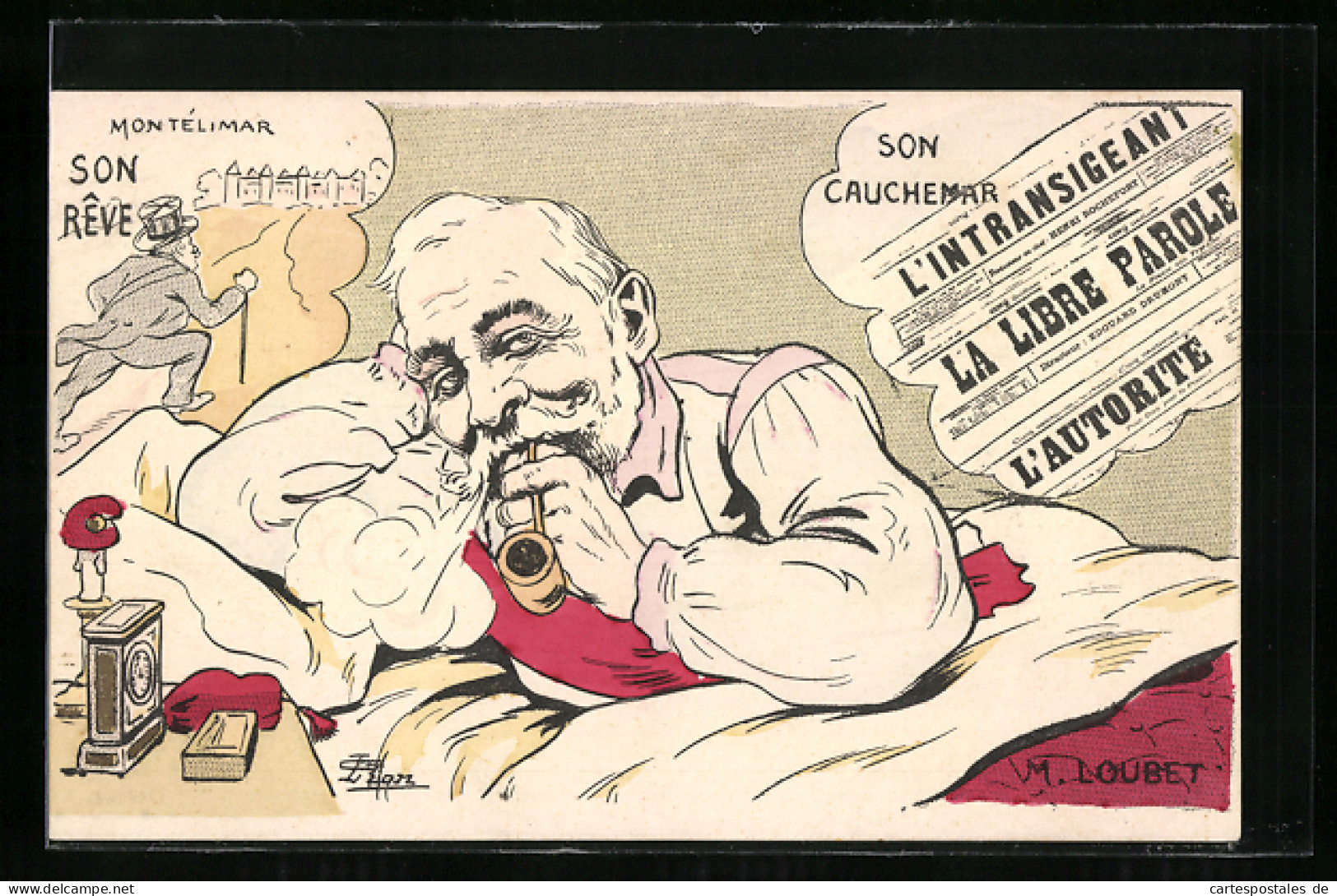 CPA Illustrateur Sign. G. Lion: Karikatur Des Franz. Politikers Emile Loubet Avec Pfeife Im Bett Liegend  - Politische Und Militärische Männer