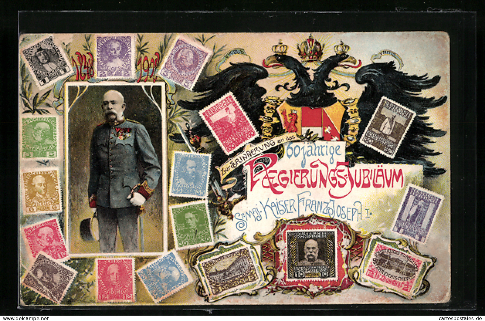 AK Kaiser Franz Josef I. Von Österreich, 60 Jähriges Regierungs-Jubiläum 1908, österr. Briefmarken, Doppeladler  - Koninklijke Families