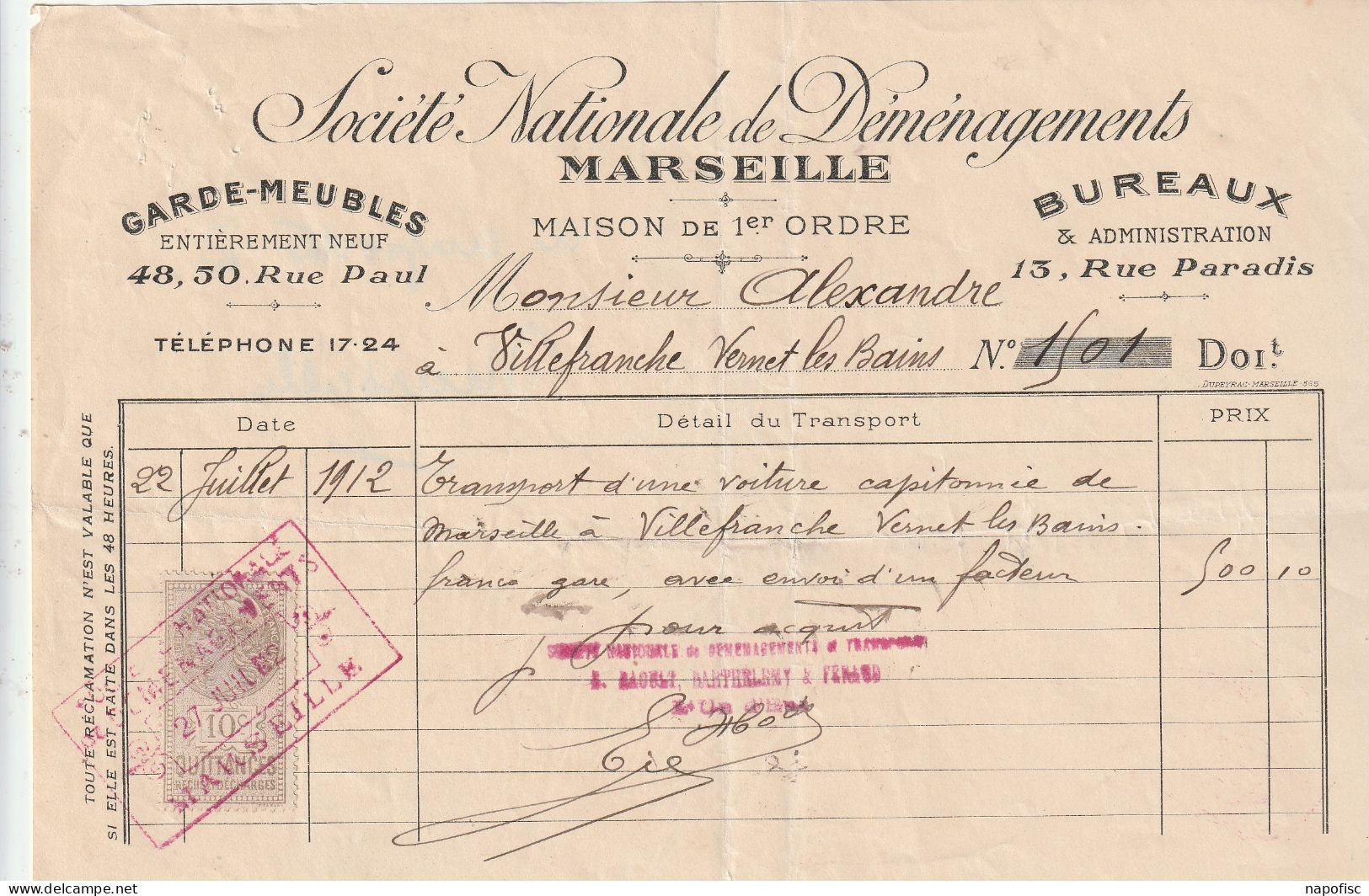 13-Société Nationale De Déménagements...Marseille...(Bouches-du-Rhône)...1912 - Trasporti