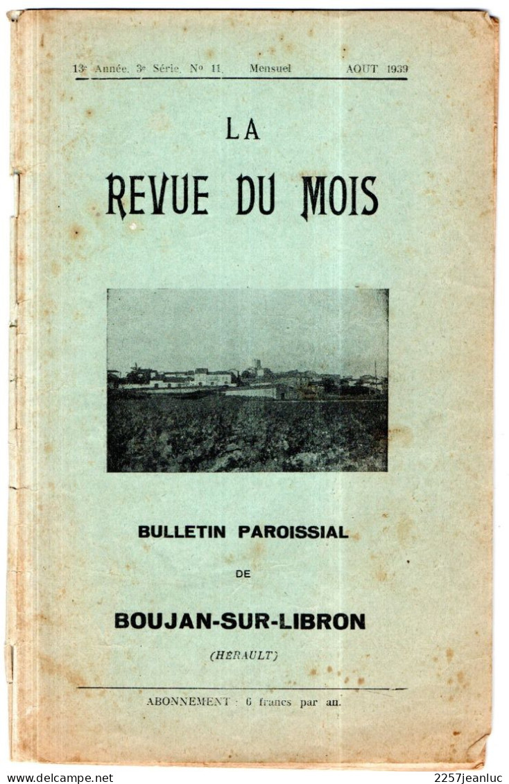 Bulletin  Paroissial De Boujan Sur Libron  De Aout 1939 .n 11 De 16 Pages - Historische Dokumente