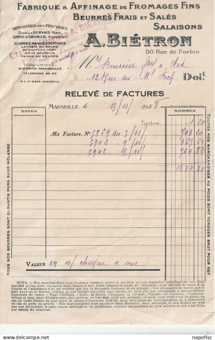 13-A.Biétron..Fabrique & Affinage De Fromages Fins, Beurres Frais & Salés....Marseille...(Bouches-du-Rhône)...1928 - Alimentare