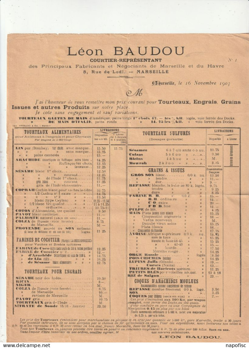 13-L.Baudou...Courtier-Représentant..Tourteaux, Grains, Issues....Marseille...(Bouches-du-Rhône)...1903 - Agricoltura