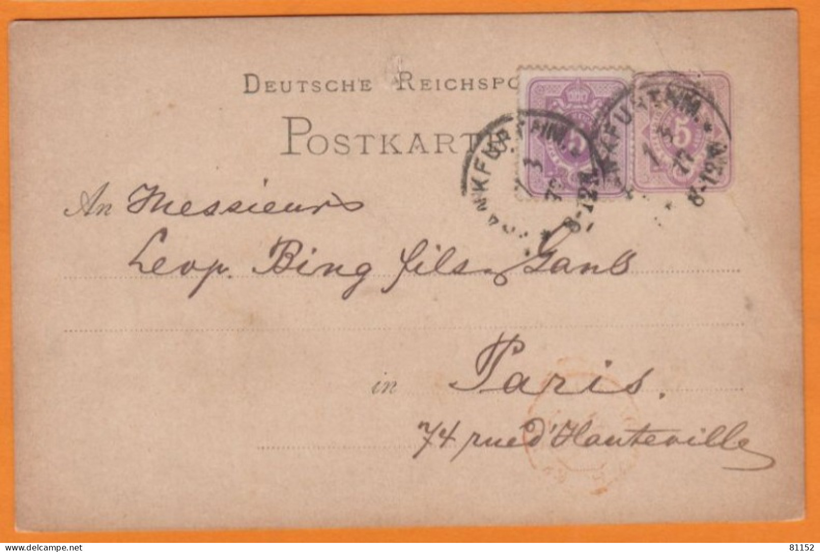 Allemagne  Entier 5p + Complément 5p Sur CPA De FRANKFURT Pour  Paris 1877 - Postkarten