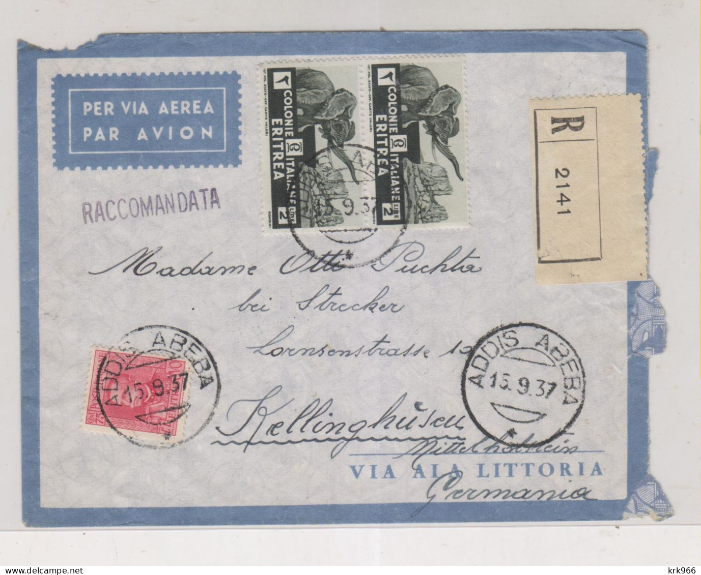 ITALY ERITREA 1937 ADDIS ABEBA ( ETHIOPIA )  Nice Registered Airmail Cover To Germany - Erythrée