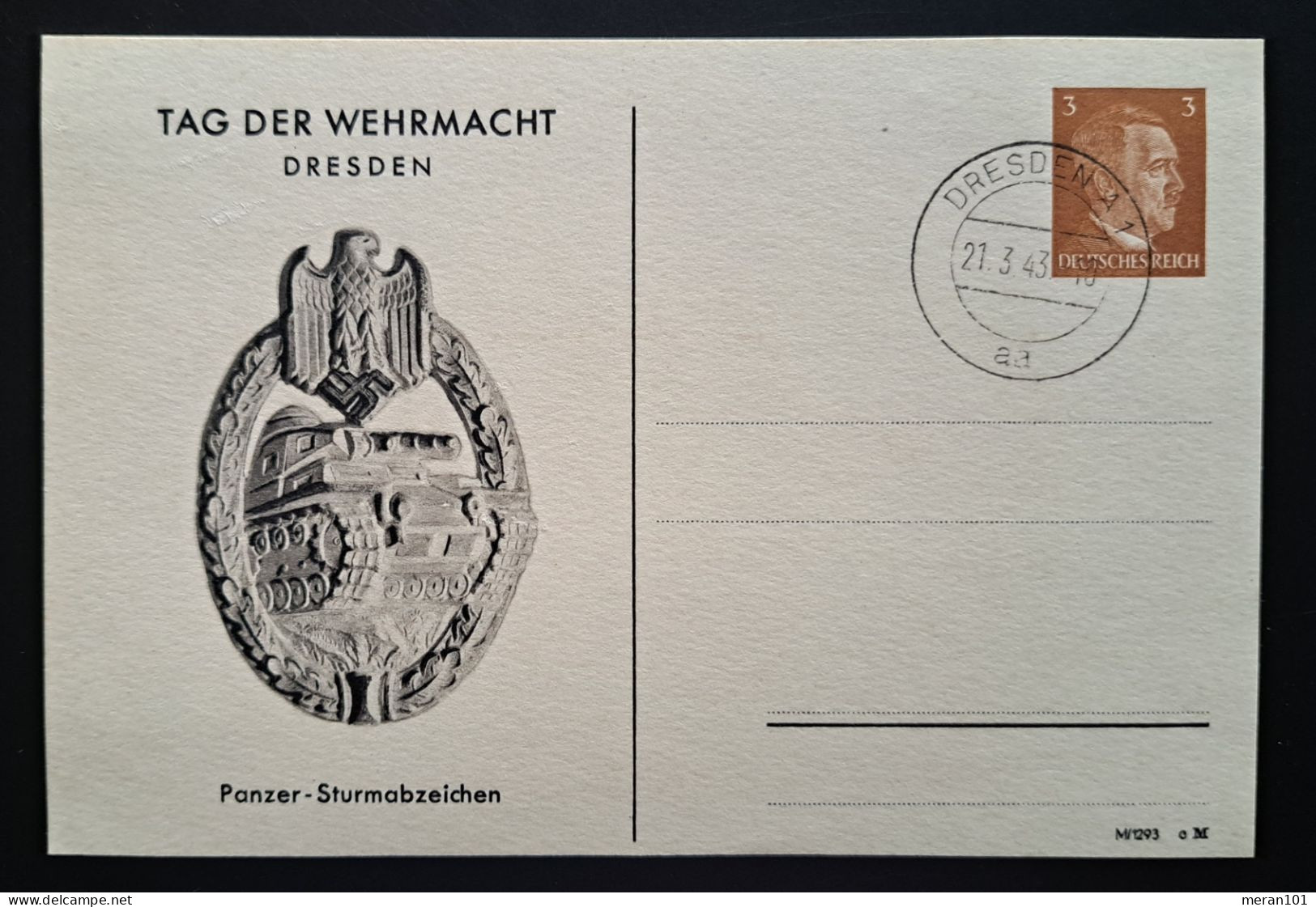 Private Ganzsache, Panzer-Sturmabzeichen, Tag Der Wehrmacht DRESDEN, Tagesstempel - Private Postal Stationery