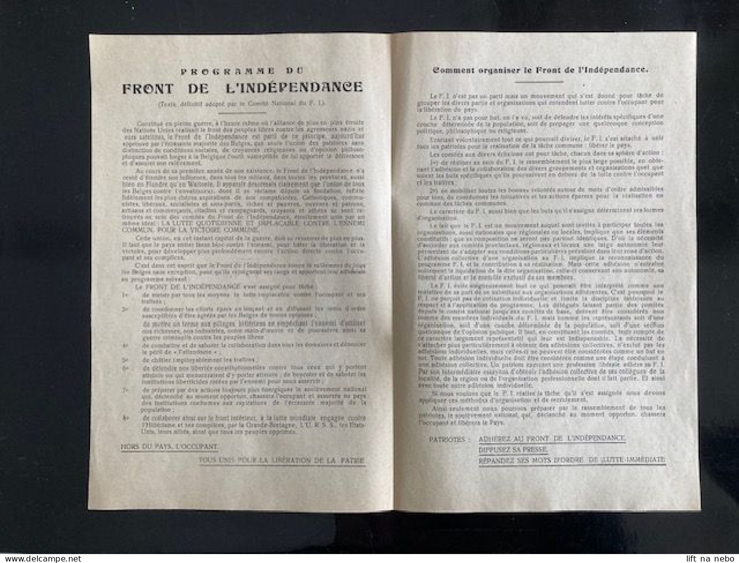 Tract Presse Clandestine Résistance Belge WWII WW2 Programme Du Front De L'Indépendance - Dokumente