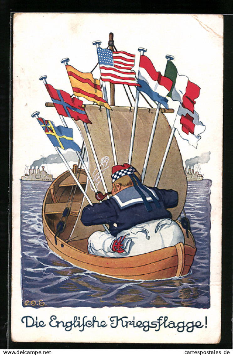Künstler-AK P. O. Engelhard (P.O.E.): Die Englische Kriegsflagge, Englischer Matrose Versteckt Sich  - Weltkrieg 1914-18