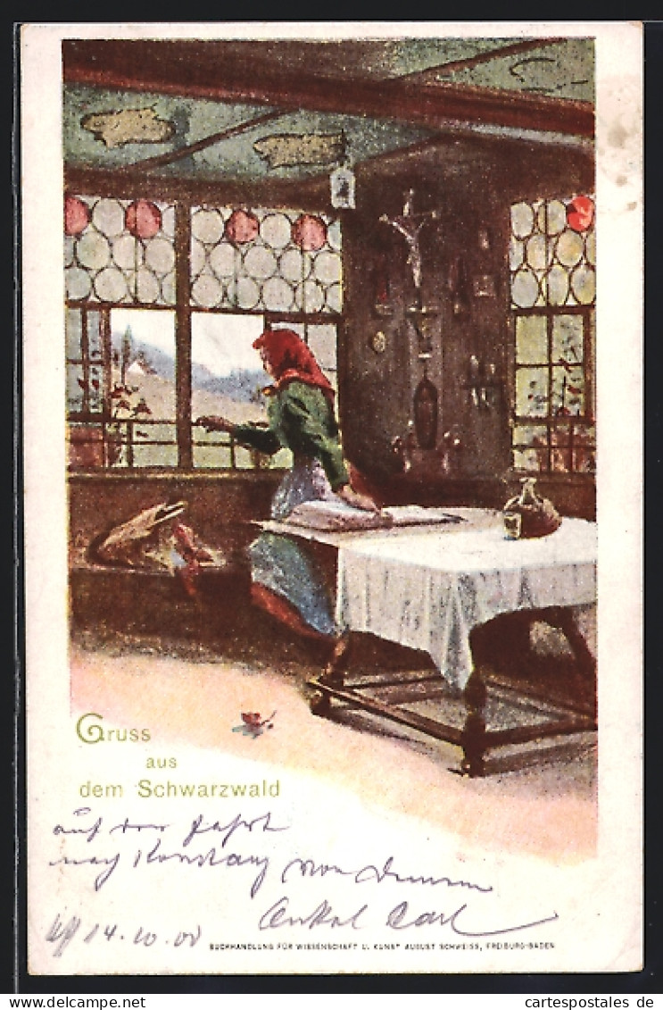 Lithographie Gruss Aus Dem Schwarzwald, Frau Blickt Aus Dem Fenster  - Costumes