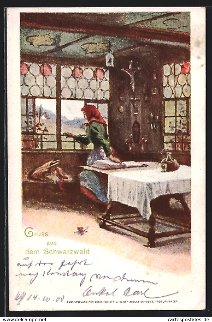 Lithographie Gruss Aus Dem Schwarzwald, Frau Blickt Aus Dem Fenster  - Vestuarios