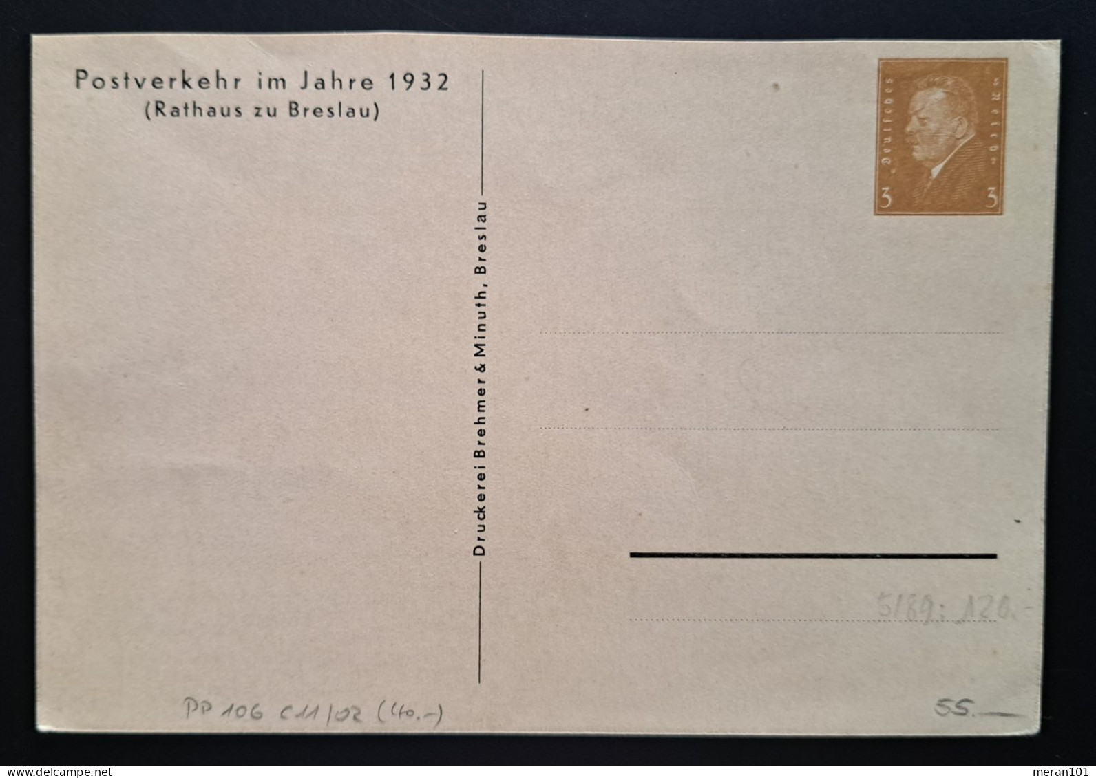 Privat-Ganzsache PP 106 C 11 /02: Breslau, Schleposta 4. Schlesische Postwertzeichenausstellung 1932, Rathaus - Interi Postali Privati