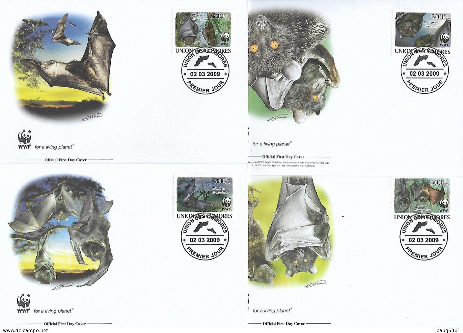 COMORES 2009  4 FDC WWF-CHAUVE-SOURIS YVERT N°1537/1540 - FDC