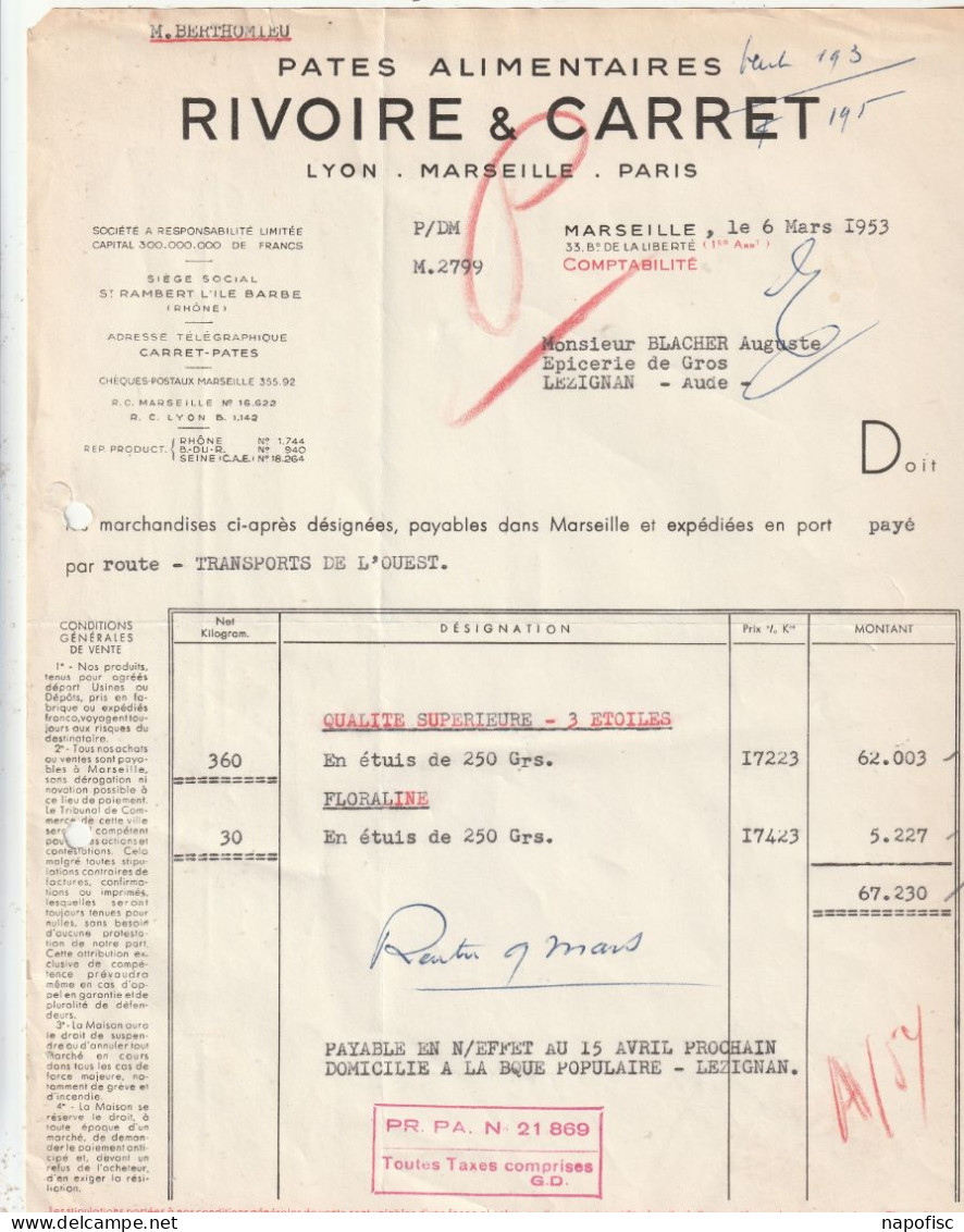 13-Rivoire & Carret..Pâtes Alimentaires,...Marseille...(Bouches-du-Rhône)...1953 - Alimentaire