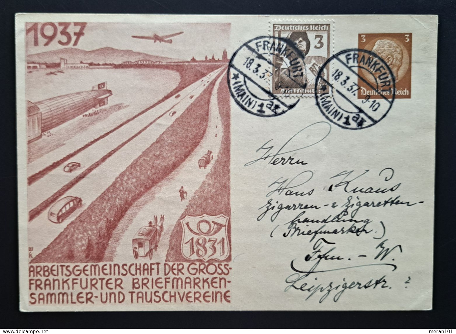 Privat-Ganzsache 1937, Frankfurter Briefmarken Vereine Gelaufen Zusatzfrankatur - Private Postwaardestukken