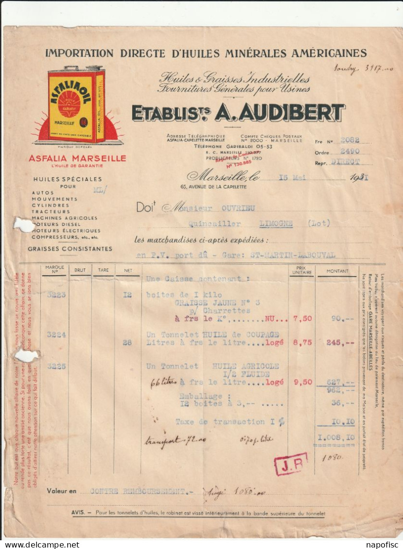 13-A.Audibert..Importation Directe D'Huiles Américaines...Marseille...(Bouches-du-Rhône)...1931 - Andere & Zonder Classificatie