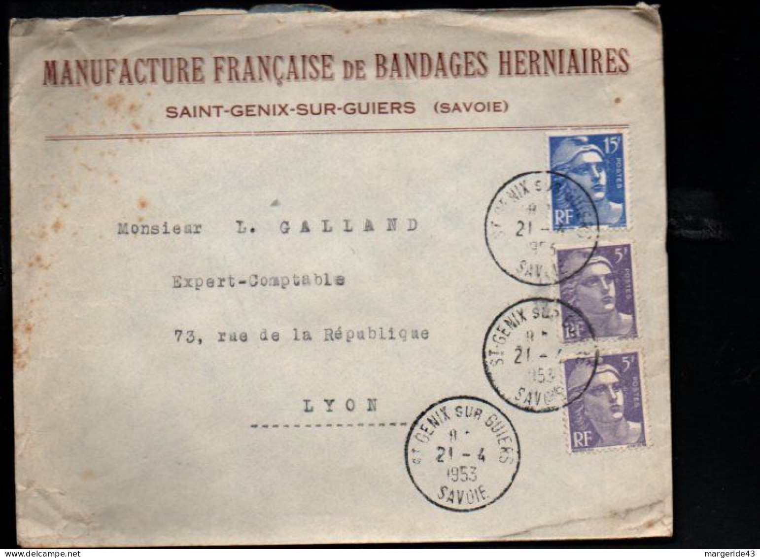 GANDON AFFRANCHISSEMENT COMPOSE SUR LETTRE DE SAINT GENIX SUR GUIERS SAVOIE 1953 - Posttarife