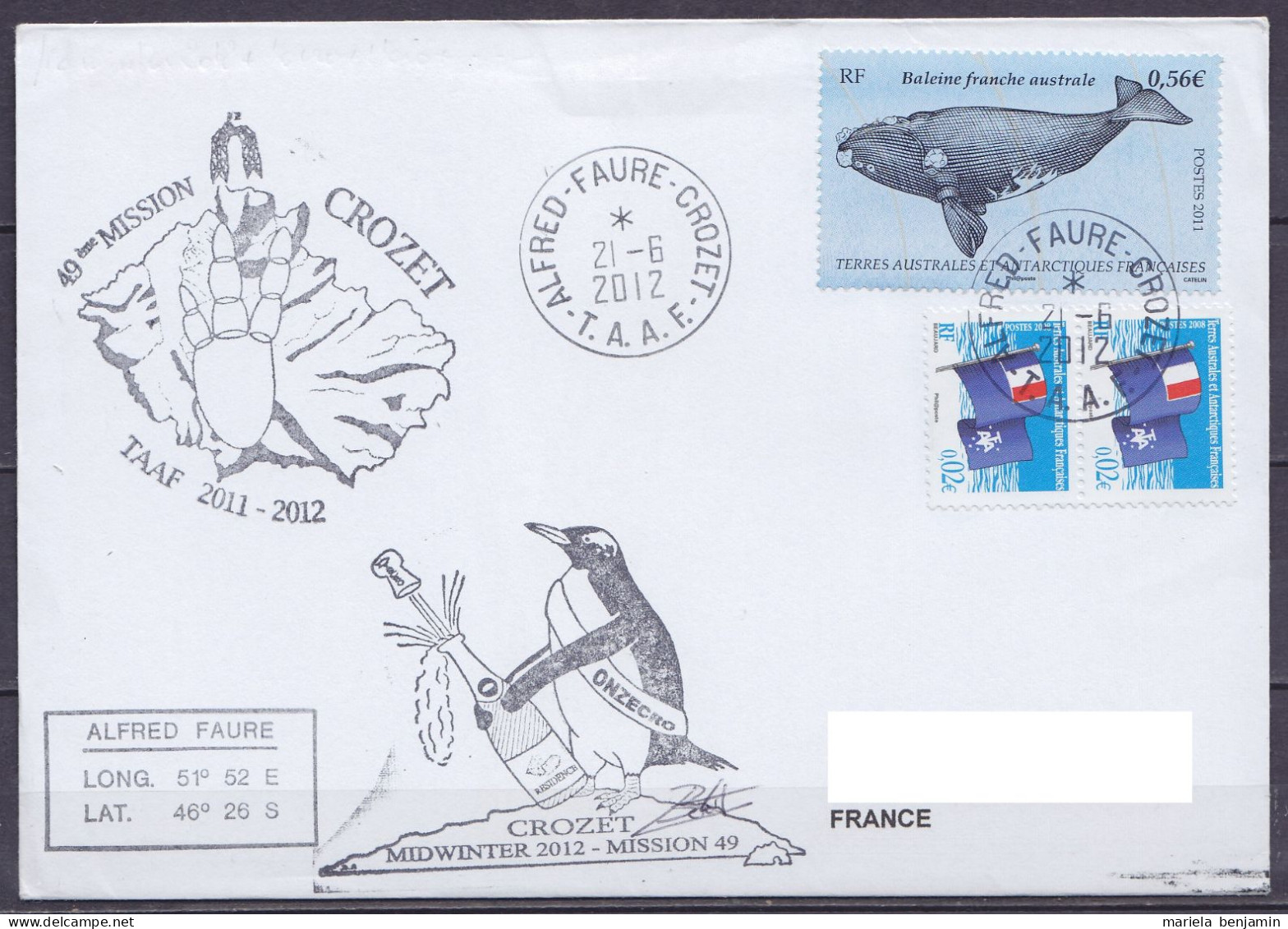 TAAF - Crozet - Cachets MIDWINTER 49e Mission & 49e Mission - Oblit. Alfred Faure 21-6-2012 - Storia Postale