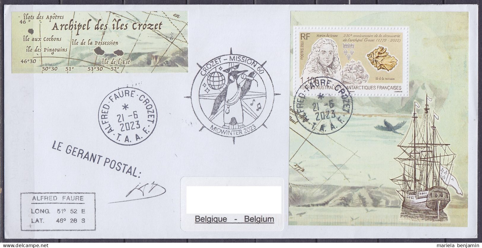 TAAF - Crozet - Cachet MIDWINTER 2023 + Sign. GP 60e Mission - Oblit. Alfred Faure 28-3-2023 - Covers & Documents