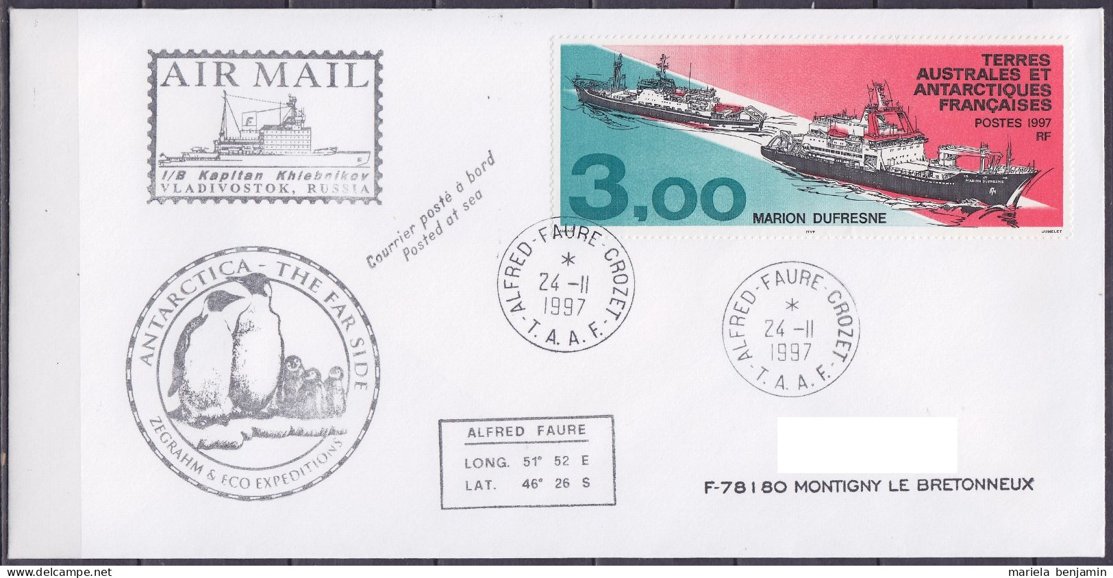 TAAF - Crozet - Cachets Bateau Russe KAPITAN KHLEBNIKOV - Oblit. Alfred Faure 24-11-1997 - Lettres & Documents