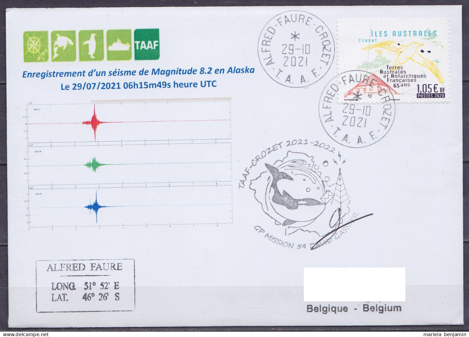 TAAF - Crozet - Enregistrement D'un Séïsme En Alaska + Sign. GP - Oblit. Alfred Faure 29-10-2021 - Storia Postale