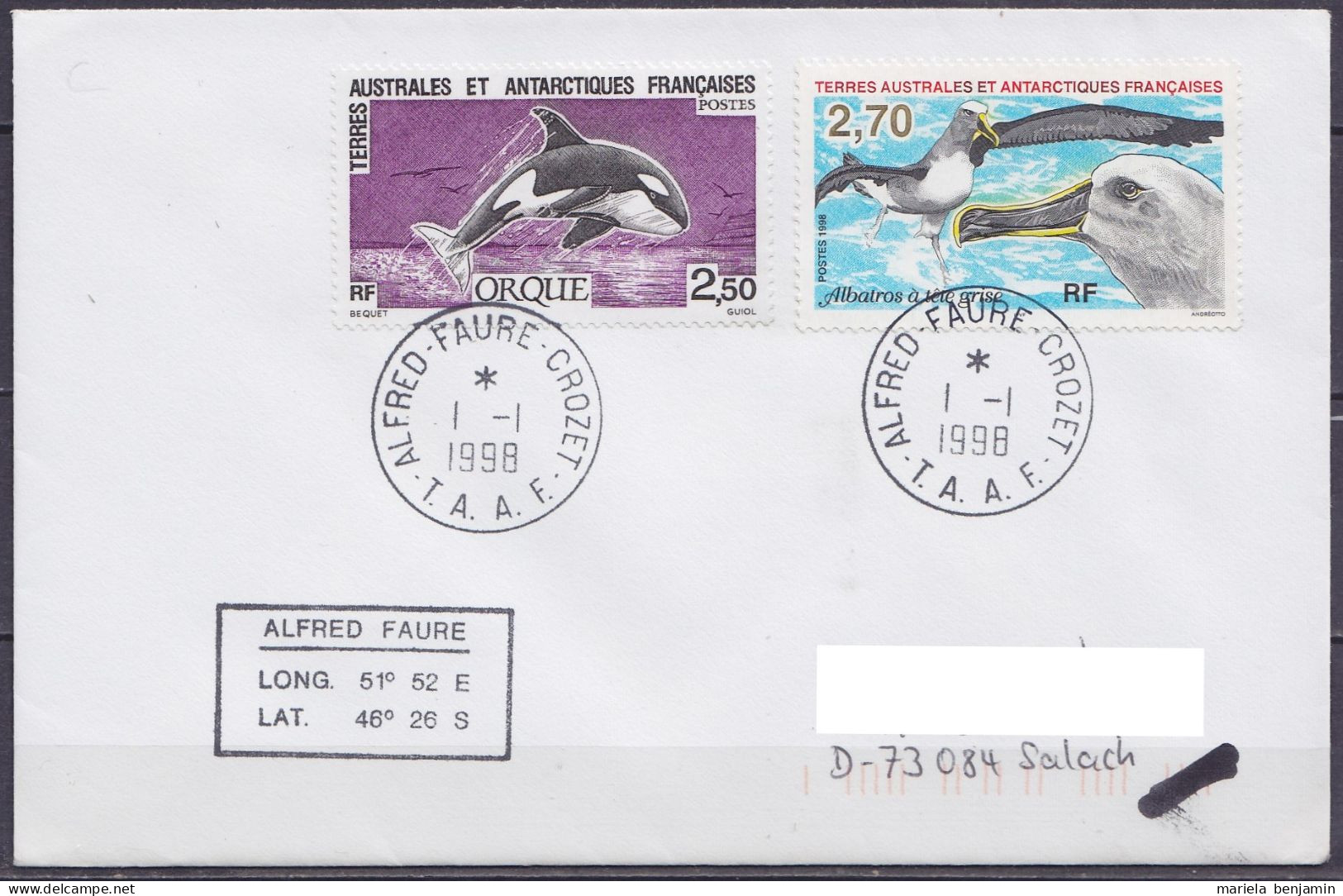 TAAF - Crozet - Env. Affr. N°177 + N°229 Oblit 1e Jour Alfred Faure 1-1-1998 - Covers & Documents