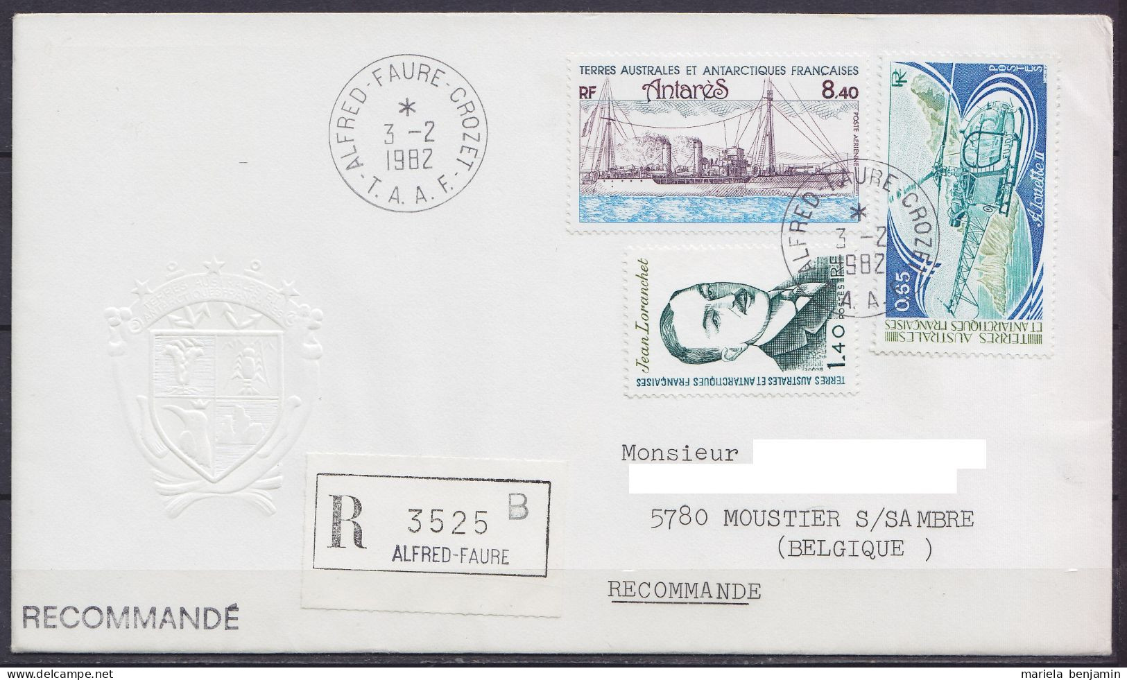 TAAF – Crozet –  L. Recommandée Affr. N°93 + 94 + PA70 Oblit. Alfred Faure 3-2-1982 / Enveloppe Armoiries Gauffrées - Covers & Documents