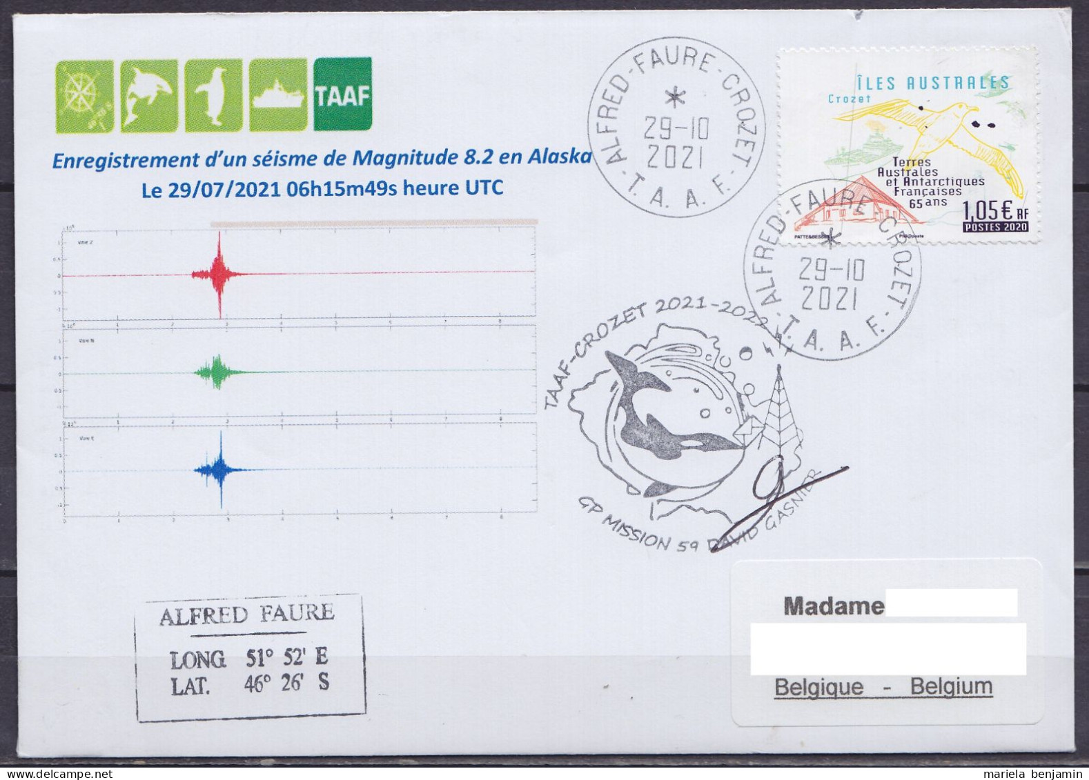 TAAF – Crozet –  Enregistrement D'un Séïsme En Alaska + Sign. GP  Oblit. Alfred Faure 29-10-2021 - Cartas & Documentos