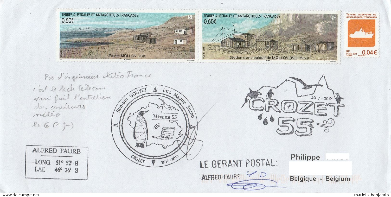 TAAF - Crozet - Info Magne Sismo 55e Mission + Griffe Et  Note Manuscrite GP 2018 - Pas D'oblitération ! (au Dos: Cachet - Storia Postale