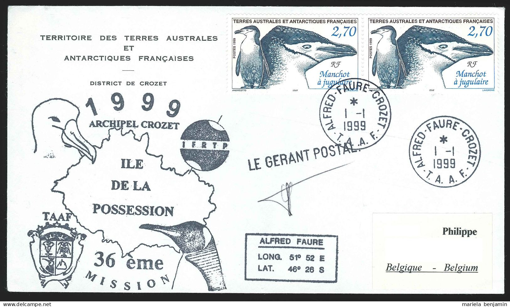 TAAF - Crozet - Manchots + Ornitho 36e Mission Oblit 1e Jour Alfred Faure 01/01/1999 (oiseaux) - Lettres & Documents